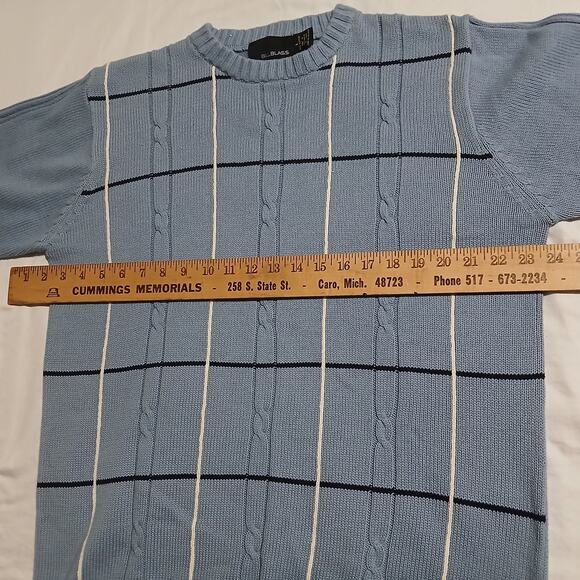 VTG Bill Blass Men's L 100% Cotton Lt Blue Cable-Knit Windowpane Plaid Sweater - Picture 8 of 10